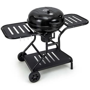 22 in. Charcoal Grill in Black with Built-In Thermometer Wheels Side and Bottom Shelves