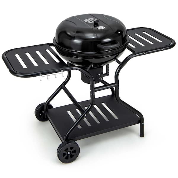 Costway 22 in. Charcoal Grill in Black with Built-In Thermometer Wheels Side and Bottom Shelves