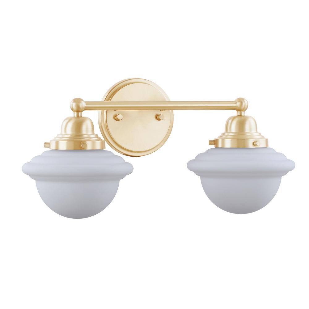 Warm Brass 2-Light Vanity Fixture with White Glass Shades