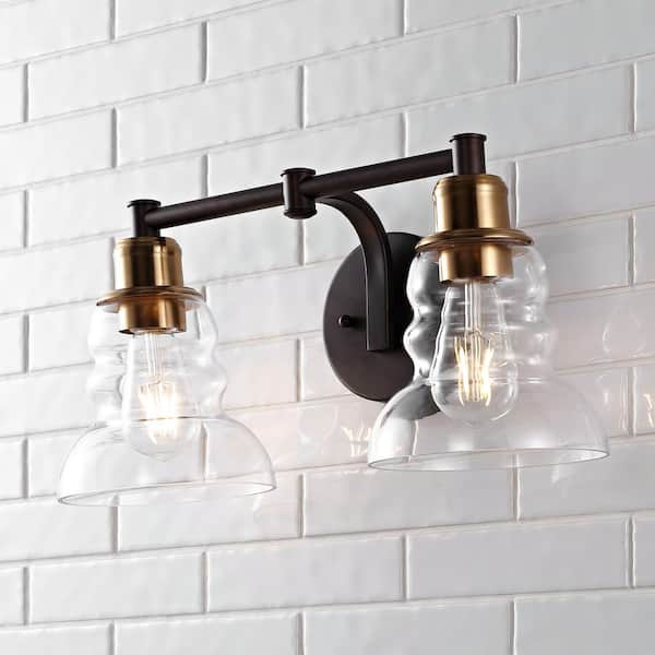 JONATHAN Y Manhattan Vintage 18.5 in. 2-Light Brass Gold/Oil Rubbed Bronze Metal/Glass Industrial Rustic LED Vanity Light