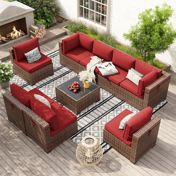 Poteban 9-Piece Wicker Patio Sectional Conversation Sets With Coffee Table and Cushions