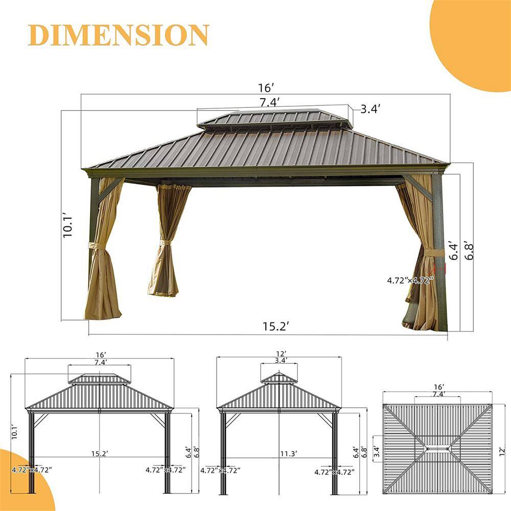 Black Aluminum Hardtop Gazebo with Galvanized Steel Double Canopy and Curtains