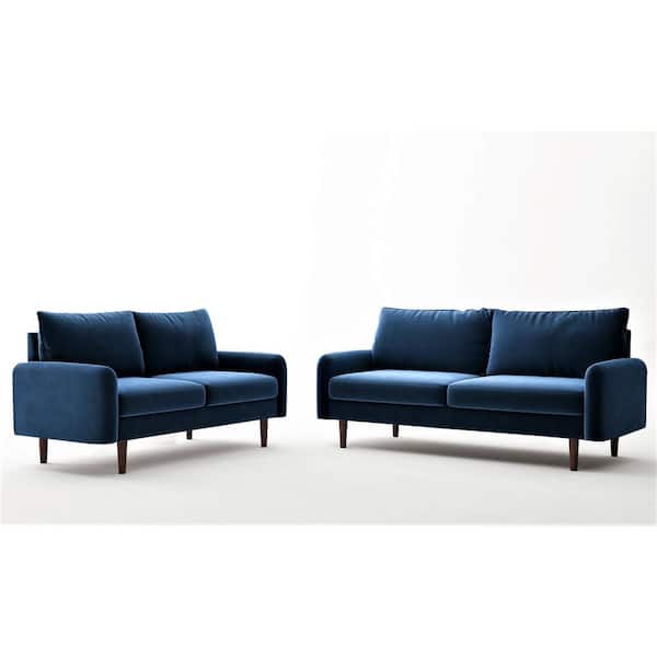 US Pride Furniture Vivo Space Blue Velvet Living Room Set Sofa and Loveseat European Style (2-Piece)