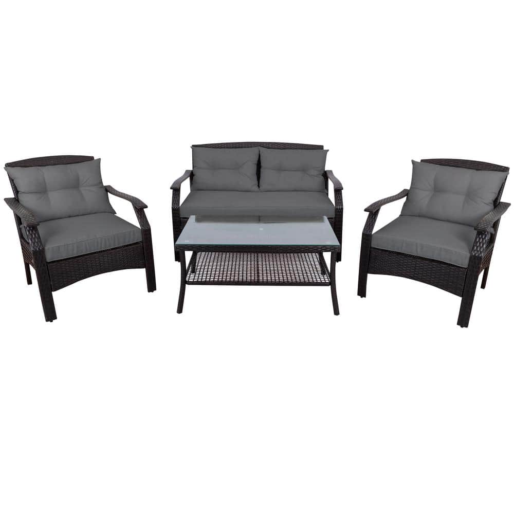 4-Piece Wicker Patio Conversation Set with Gray Cushions