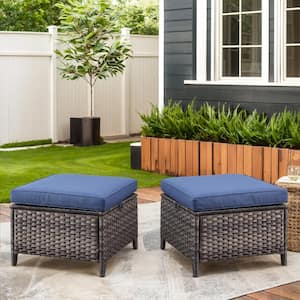 Gray Wicker Outdoor Ottoman with Blue Cushions (2-Pack)