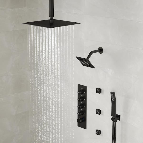5-knobs 15-Spray Patterns 16in. Shower System with 6in. Shower Head Handheld shower in Matte Black, 3-Jets