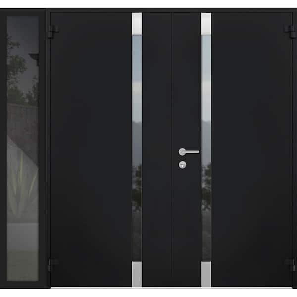 VDOMDOORS 6777 86 in. x 80 in. Right-Hand/Outswing Side Tinted Glass Black Enamel Steel Prehung Front Door with Hardware