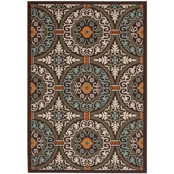 SAFAVIEH Veranda Chocolate/Aqua 8 ft. x 11 ft. Floral Indoor/Outdoor Patio  Area Rug