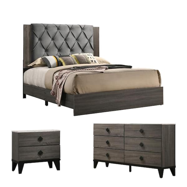 Best Quality Furniture Madelyn 3-Piece Grey-Walnut Color Eastern King Bedroom Set