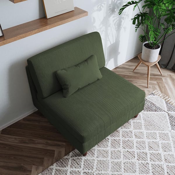 Uixe Luxury Green Corduroy Fabric Armless Side Chair with 1-Pillow