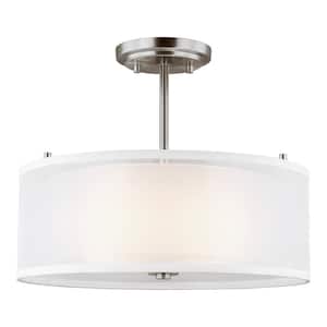 Elmwood Park 15 in. 2-Light Brushed Nickel Semi-Flush Mount with Satin Etched Glass Shade