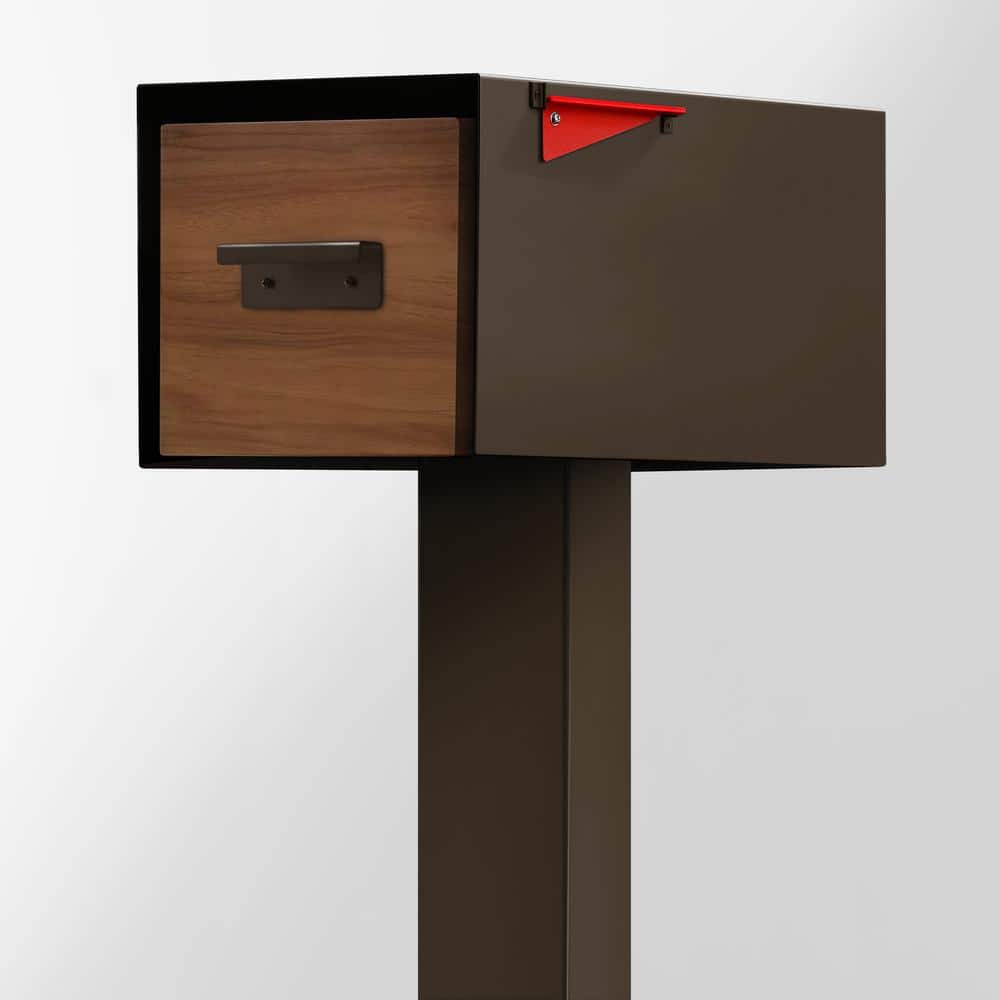 Malone Brown Steel Post-Mounted Mailbox with Wood-Styled Door
