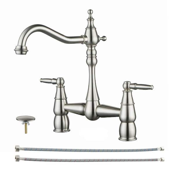 Deck Mounted Double Handle Bridge Kitchen Faucet, Bridge Basin Faucet with Hole Cover in Brushed Nickel