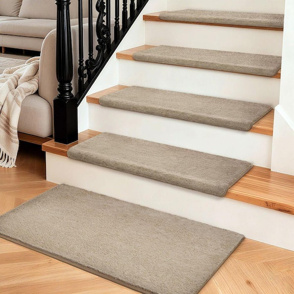 Plush Cream Gray 9.5 in. x 30 in. x 1.2 in. Bullnose Polyster Carpet Stair Tread Cover Landing Mat Tape Free Set of 15