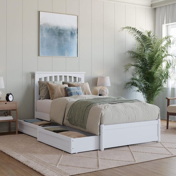 AFI Everett White Solid Wood Frame Twin XL Platform Bed with Panel Footboard and Storage Drawers