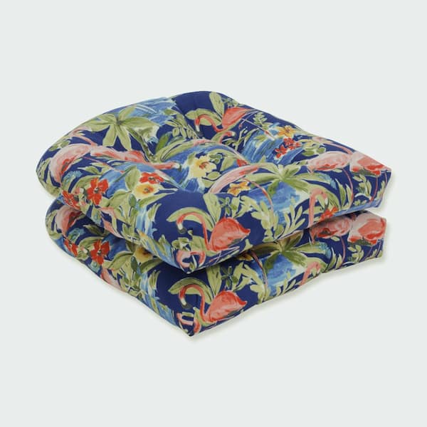 Pillow Perfect Floral 19 x 19 2-Piece Outdoor Dining chair Cushion in Blue/Green Flamingo
