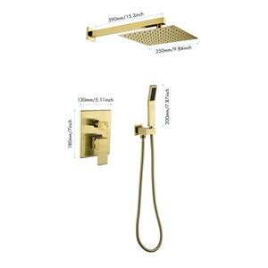 Single-Handle 2-Spray 10 in. Square Luxury Rain Mixer Set Wall Mounted Shower Faucet in Brushed Gold Valve Included