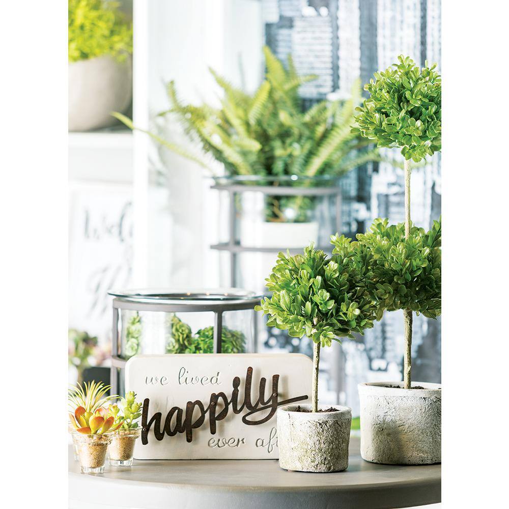 Green Plastic Double Boxwood Topiary in White Pot