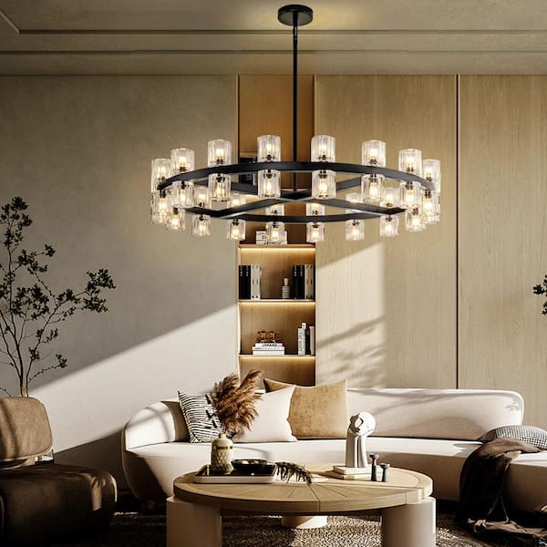 36-Light Black Round Chandelier, 36 in. Modern K9 Crystal Chandelier for Dining Room, Living Room, Foyer