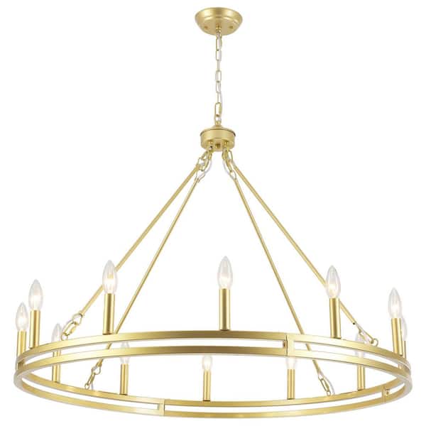 ADSENSTY 12-Light Gold Candle Style Wagon Wheel Chandelier Dimmable Pendant Light