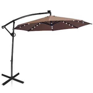 10 ft. Aluminum Cantilever Solar Powered Hanging Patio Umbrella With Cross Base and Pole in Coffee