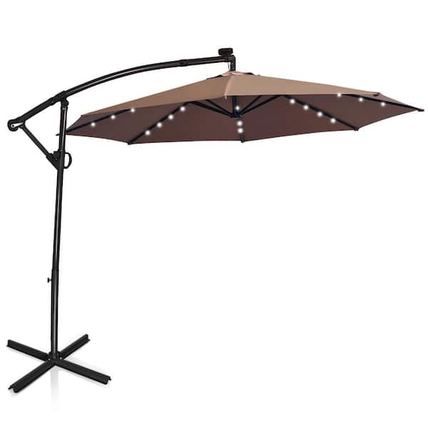 HONEY JOY 10 ft. Aluminum Cantilever Solar Powered Hanging Patio Umbrella With Cross Base and Pole in Coffee
