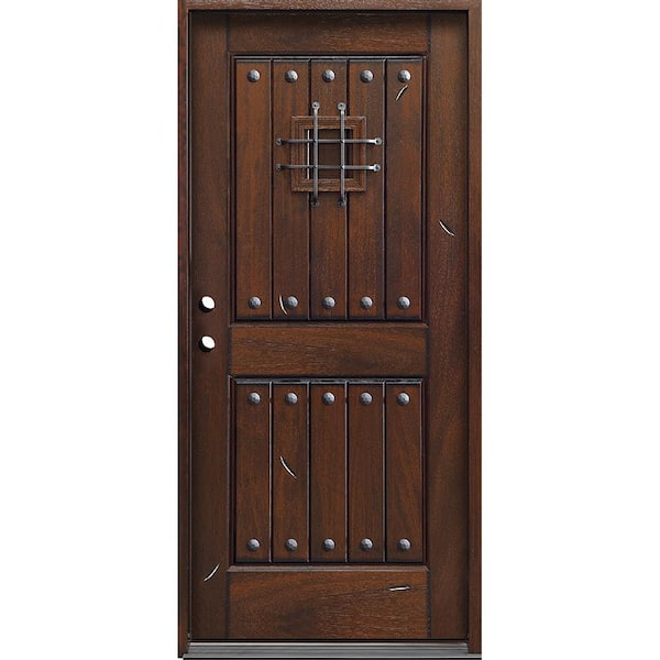 Main Door Rustic Mahogany Type 36 in. x 80 in. 2-Panel Right-Hand/Inswing Antique Distressed Wood Prehung Front Door