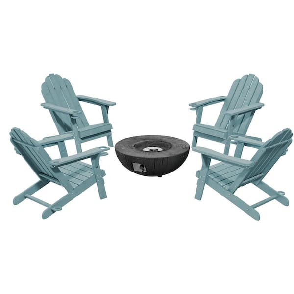 Clihome 5-Piece Set Outdoor Adirondack HDPE Material Plastic Teal Chair with 28 in. Composite Material Patio Fire Pit Table