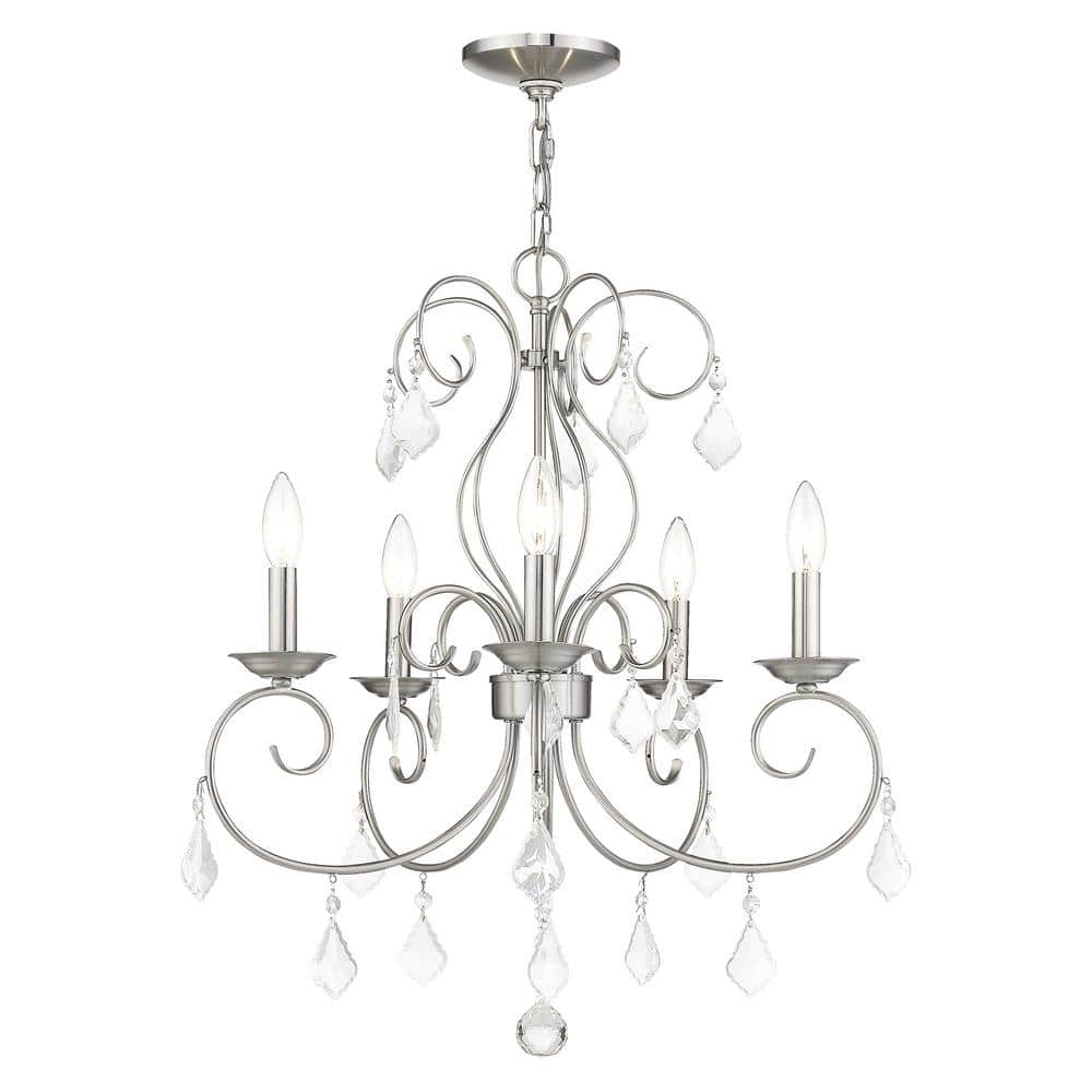 Mini Elegance 5-Light Brushed Nickel Chandelier with Clear Crystal Drops