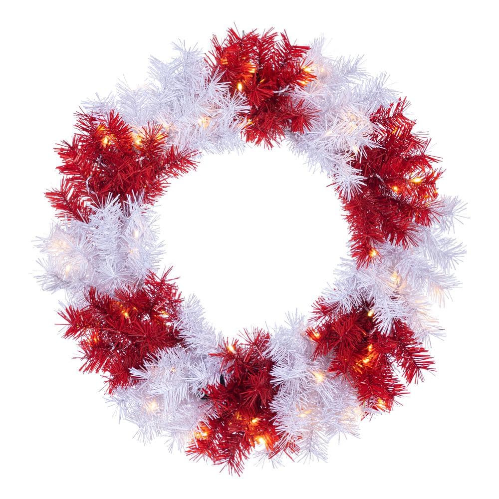 24 in. Dia Pre-lit Red and White Artificial Christmas Wreath with 50 Battery Operated LED Lights -  GERSON INTERNATIONAL, 448711CMLEDMLEC