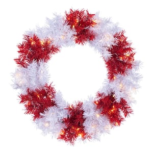 24 in. Dia Pre-lit Red and White Artificial Christmas Wreath with 50 Battery Operated LED Lights
