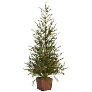3 ft. Alpine Natural Look Artificial Christmas Tree in Wood Planter with Pine Cones