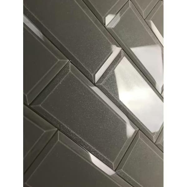 ABOLOS Frosted Elegance Glossy Glittery Gray Beveled Subway 3 in. x 6 in. Glass Wall Tile (0.125 Sq. Ft./Piece)