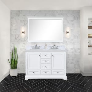 Dukes 48 in. W x 22 in. D White Double Freestanding Bath Vanity with Carrara Marble Top, Faucet, and Mirror
