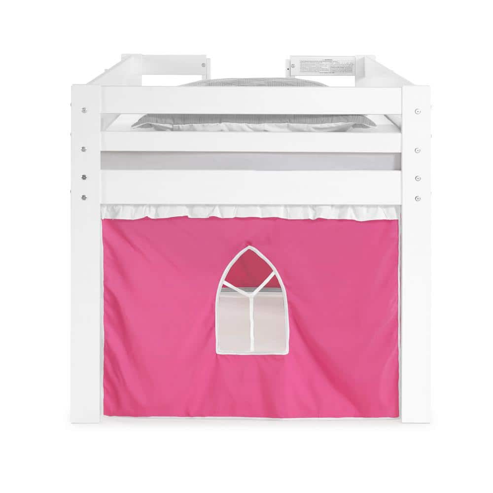 White Twin Pine Loft Bed with Pink Playhouse Tent