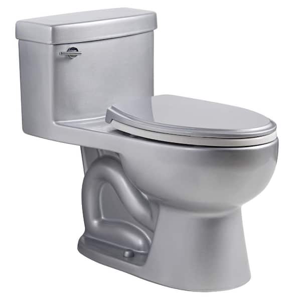 Satin Silver One Piece Toilet Ceramic Elongated Toilet Bowl with Rounded Base, Soft-Close Seat & 1.28 GPF Single Flush