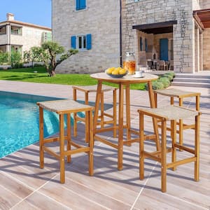 Patio PE Wicker Outdoor Bar Stools with Acacia Wood Frame Bar Height Chairs Poolside (4-Pack)