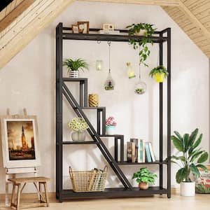 Wellston 70.9 in. Tall Rectangle Wood Indoor Plant Stand, 7-Tier Large Plant Shelf with 5 S-Hooks, Black