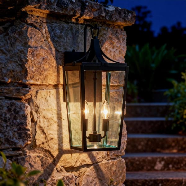 20.1 in. 2-Light Black Dusk to Dawn Outdoor Wall Lantern Sconces with Clear Glass Shade