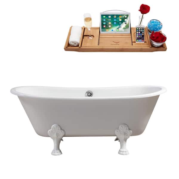 Streamline 66.9 in. Cast Iron Clawfoot Non-Whirlpool Bathtub in Glossy White with Polished Chrome Drain and Glossy White Clawfeet