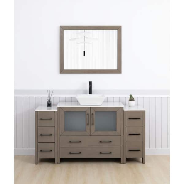 60 in. W Single Basin Driftwood Gray Bath Vanity with White Engineered Marble Top and Mirror