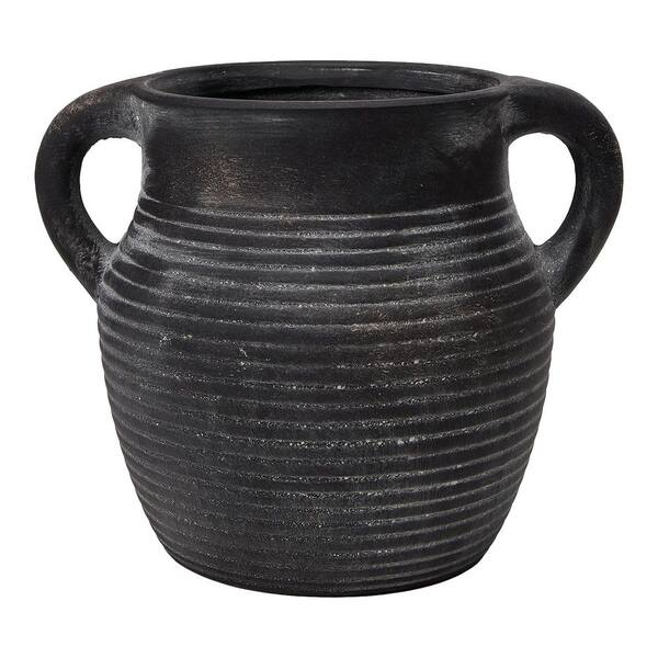 Charcoal Ceramic Farmhouse Utensil Holder with Vintage Ribbed Texture and Double Handles