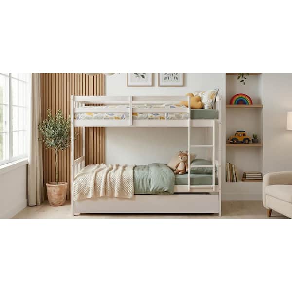 Twin Over Twin Bunk Bed White Wood Frame Twin Platform Bed with Trundle, Convertible, Guardrails & Ladder