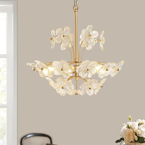 6-Light Brushed Gold Finish Height Adjustable Antique Dimmable Crystal Glass Flower Chandelier With No Bulbs Included