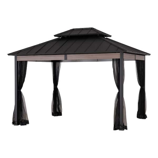 10 ft. x 12 ft. Heavy-Duty Steel Hardtop Gazebo with Mosquito Netting and Wood-Look Beams