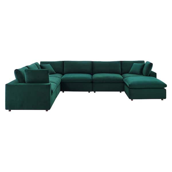 MODWAY Commix 158 in. Down Filled Overstuffed Performance Velvet 7-Piece Sectional Sofa in Green