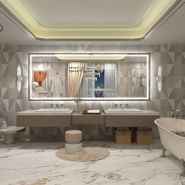 84 in. W x 32 in. H Rectangular Framed Front and Back LED Lighted Anti-Fog Wall Bathroom Vanity Mirror in Tempered Glass