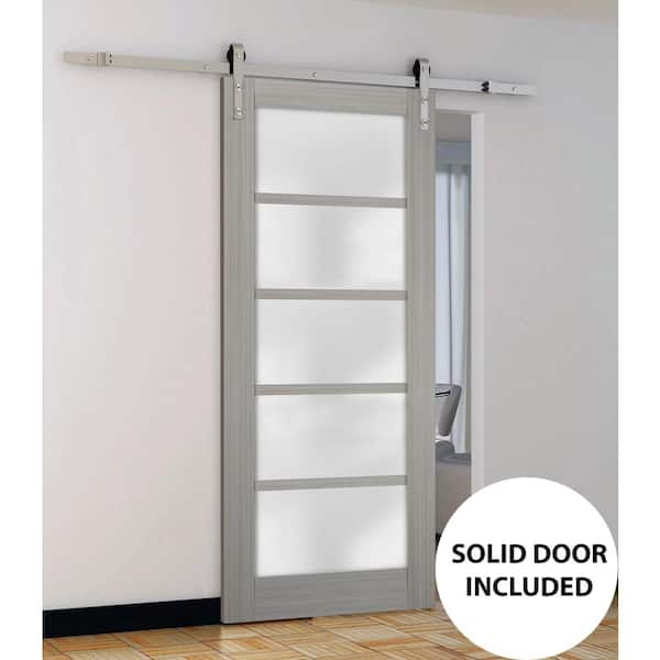 Assemble Required 56 in. x 80 in. Gray Finished Solid MDF Sliding Door with Double Stainless Barn Hardware Kit