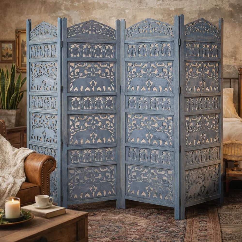 72.0 in. H Antique Blue Mango Wood Jumbo 4 Panel Folding Room Divider Screen with Elephant Motif Carved Design