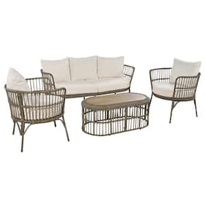 4-Piece Brown Grey Wicker Outdoor Patio Conversation Set with Cream Cushion and Oval Coffee Table
